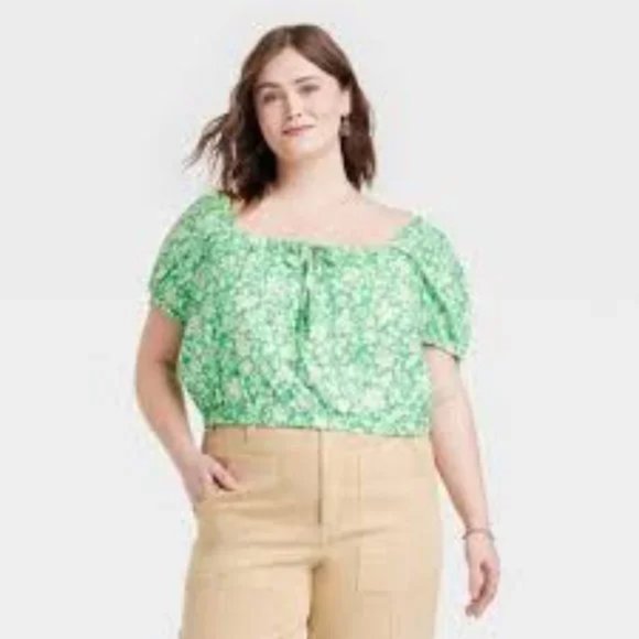 NEW Universal Thread™ Green Floral Women's Puff Short Sleeve Peasant Top - Picture 2 of 11